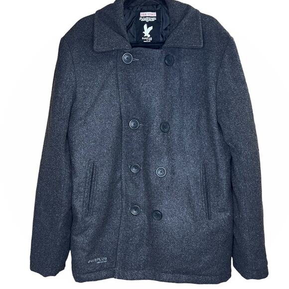 Surplus Raw Vintage Mens Wool Blend Gray Double Breasted Pea Coat Large - Picture 3 of 9